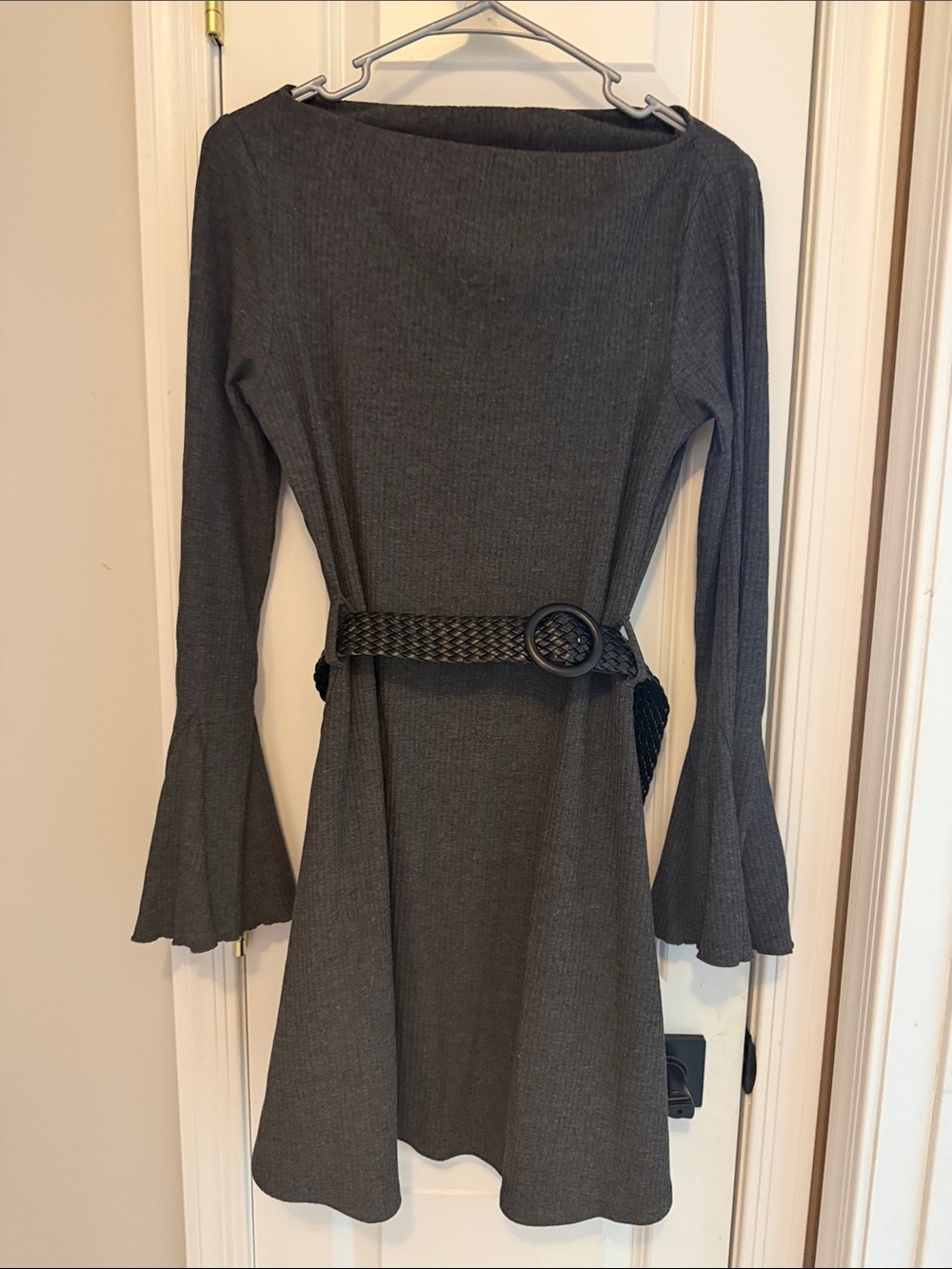 Long Sleeve Dark Gray Knit Dress with Detachable Woven Belt